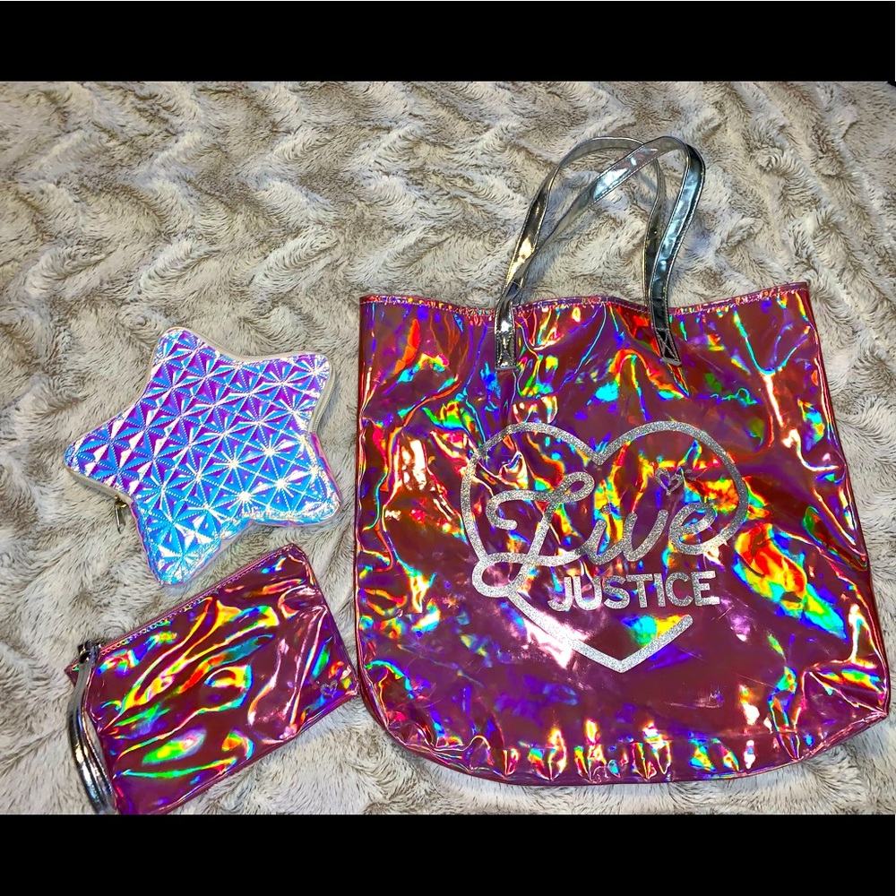 3 piece bundle Pink metallic totebag, coin purse, & Star shaped bag. All NEW